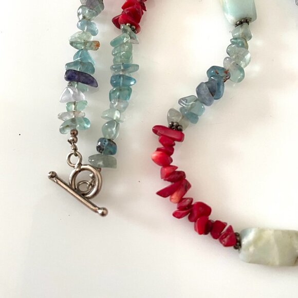 Artisan Hand Made Aquamarine Red Jasper Quartz Toggle Clasp Pendant Necklace - Picture 4 of 5